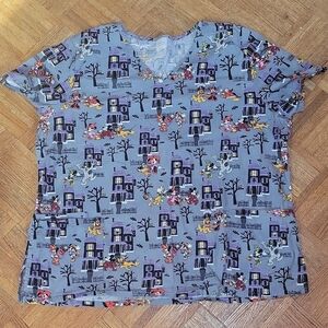 Disney Mickey Mouse Characters Halloween Theme Gray Scrub Top Size 2XL